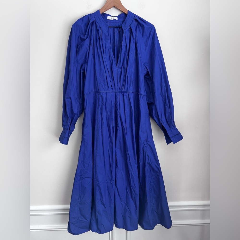 CO blue Long Sleeve Waist Pleat midi Dress L